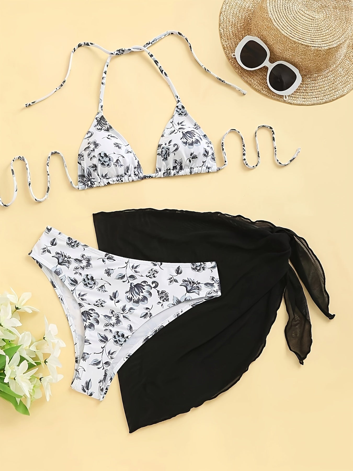 Halter Floral Print 3-Piece Set Bikini