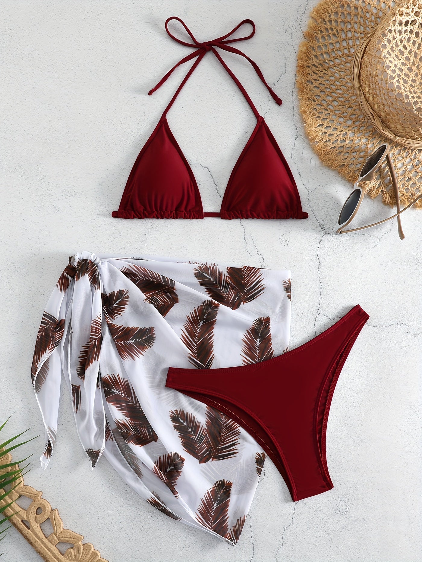 Feather Print 3-Piece Bikini Set