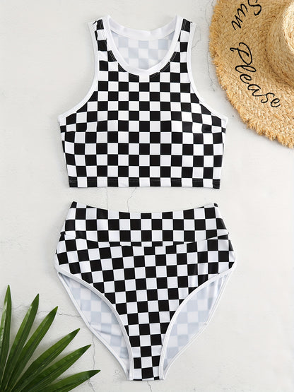 Checkered High-Waisted 2-Piece Bikini