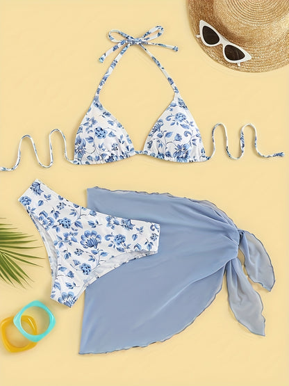 Halter Floral Print 3-Piece Set Bikini