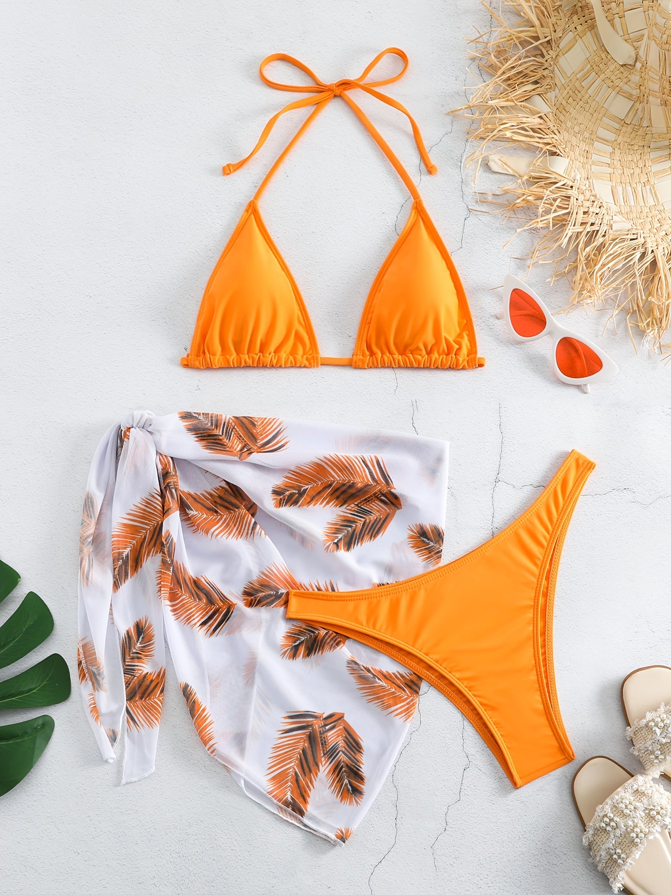 Feather Print 3-Piece Bikini Set