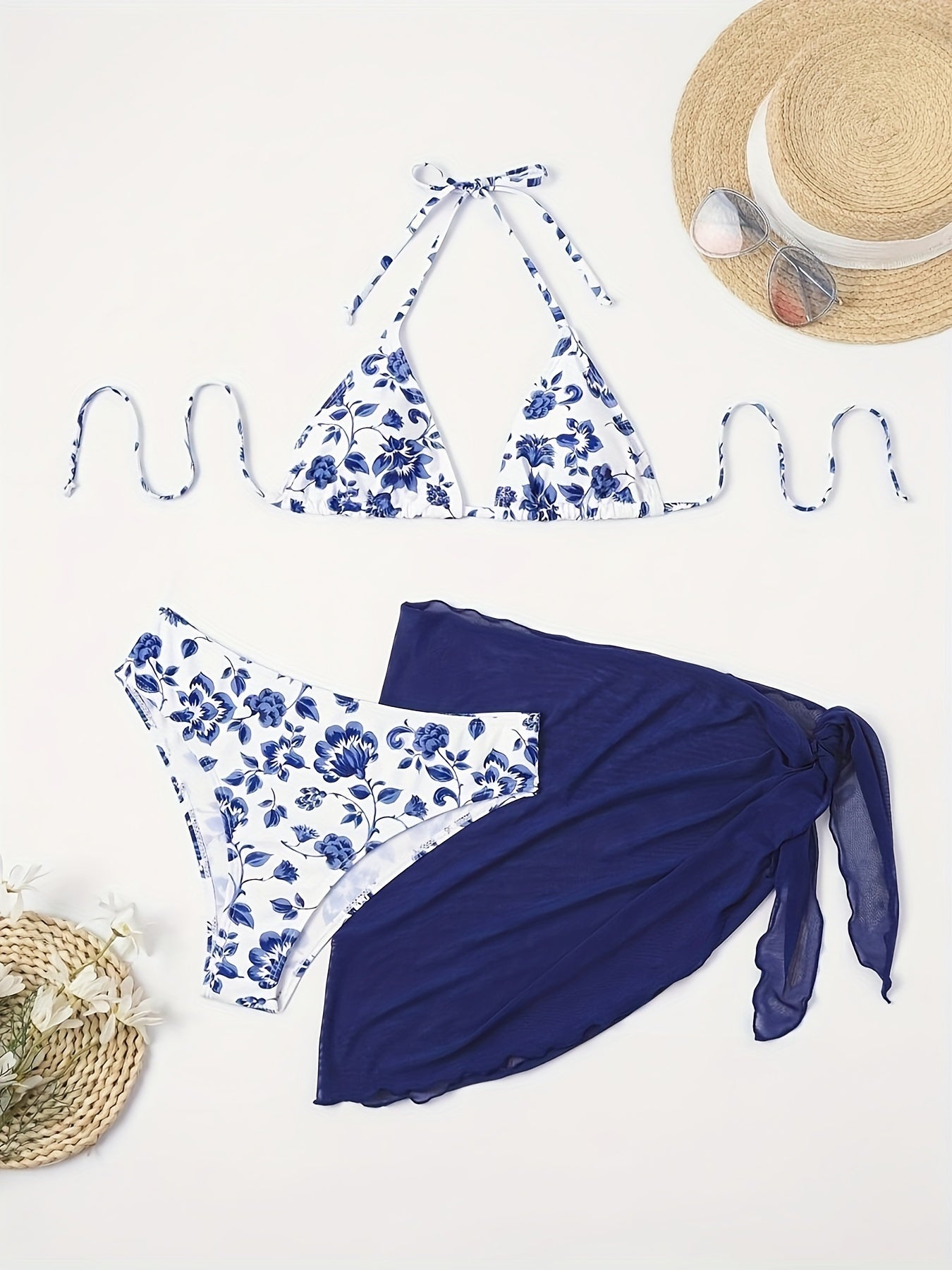 Halter Floral Print 3-Piece Set Bikini