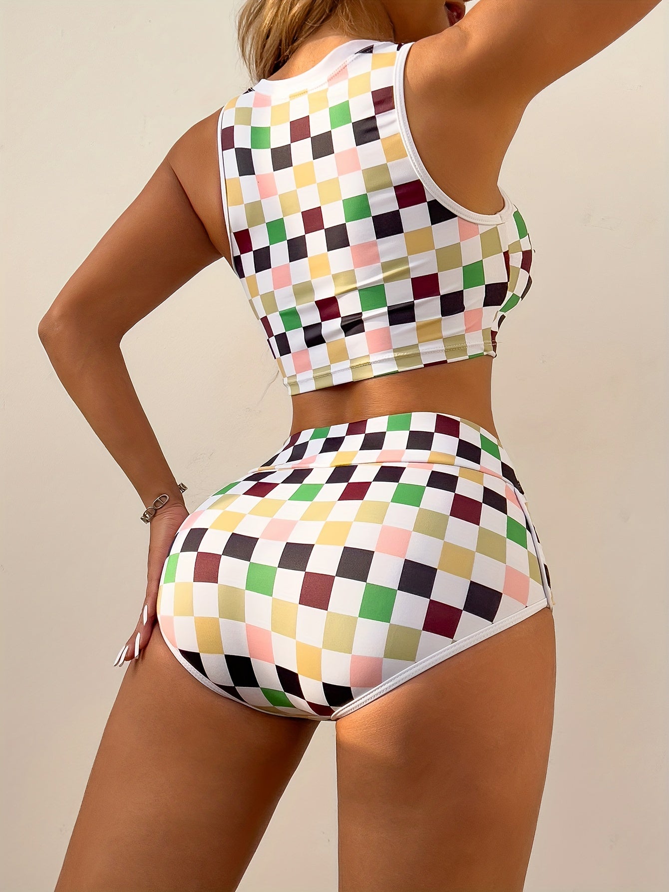 Checkered High-Waisted 2-Piece Bikini