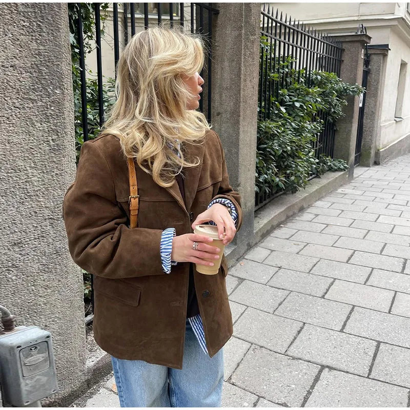Vintage Brown Suede Leather Blazer Jacket