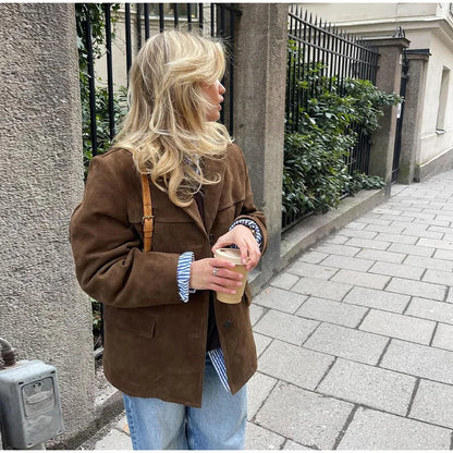 Vintage Brown Suede Leather Blazer Jacket