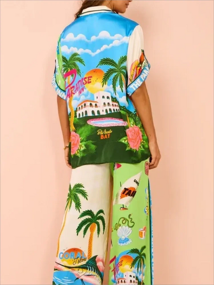 Casual Printed Coconut Trees 2 Piece Beach Outfit