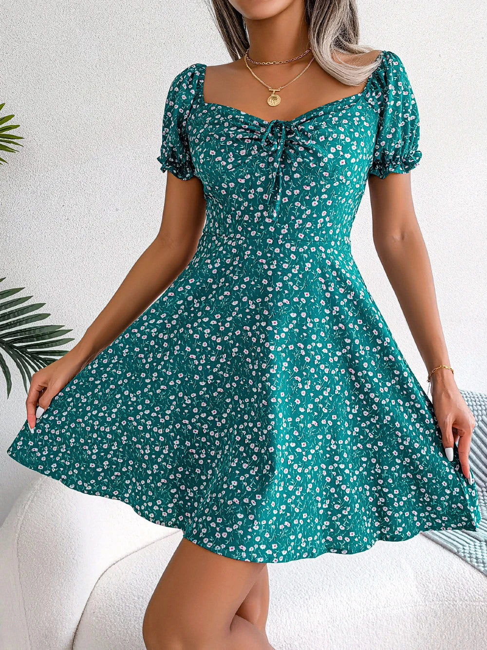 Green Casual Short Sleeve Floral Dress