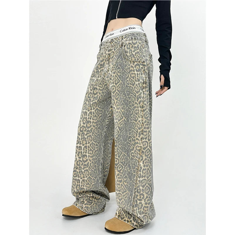 American Retro High Leopard Print Baggy Pants