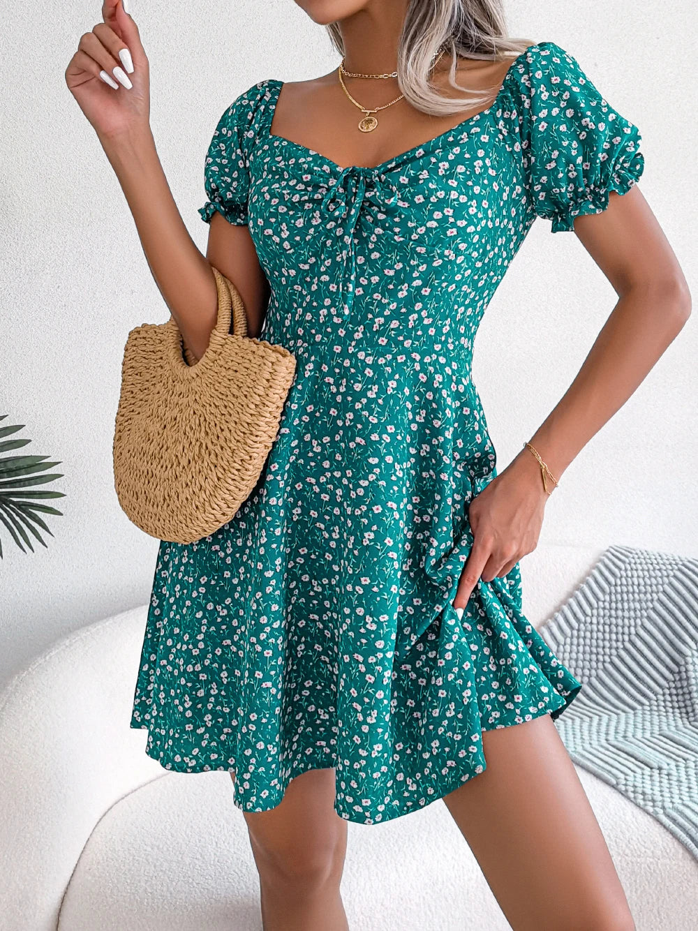 Green Casual Short Sleeve Floral Dress