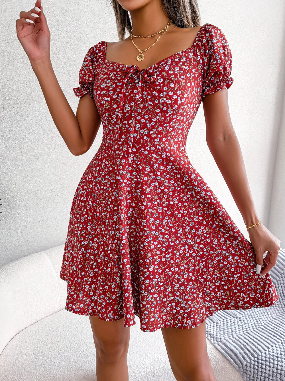 Red Casual Short Sleeve Floral Dress