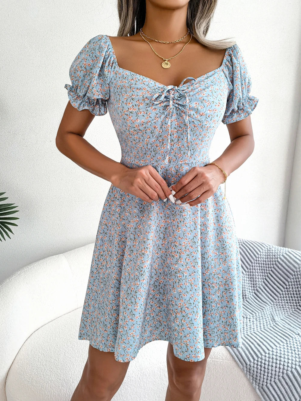 Sky Blue Casual Short Sleeve Floral Dress