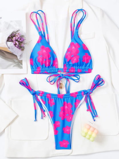 Blue Floral Triangle Top Side-Tie Bikini