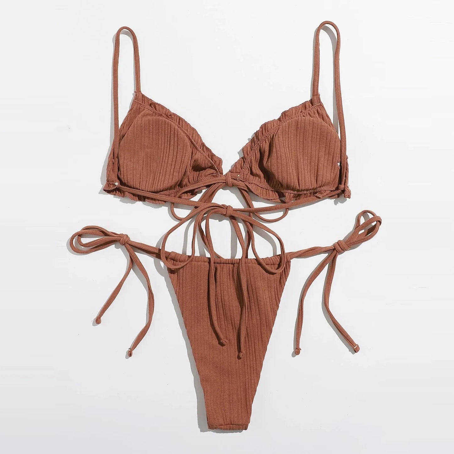 Solid Ribbed Triangle Top Side-Tie Bikini