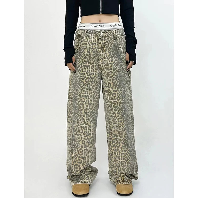 American Retro High Leopard Print Baggy Pants