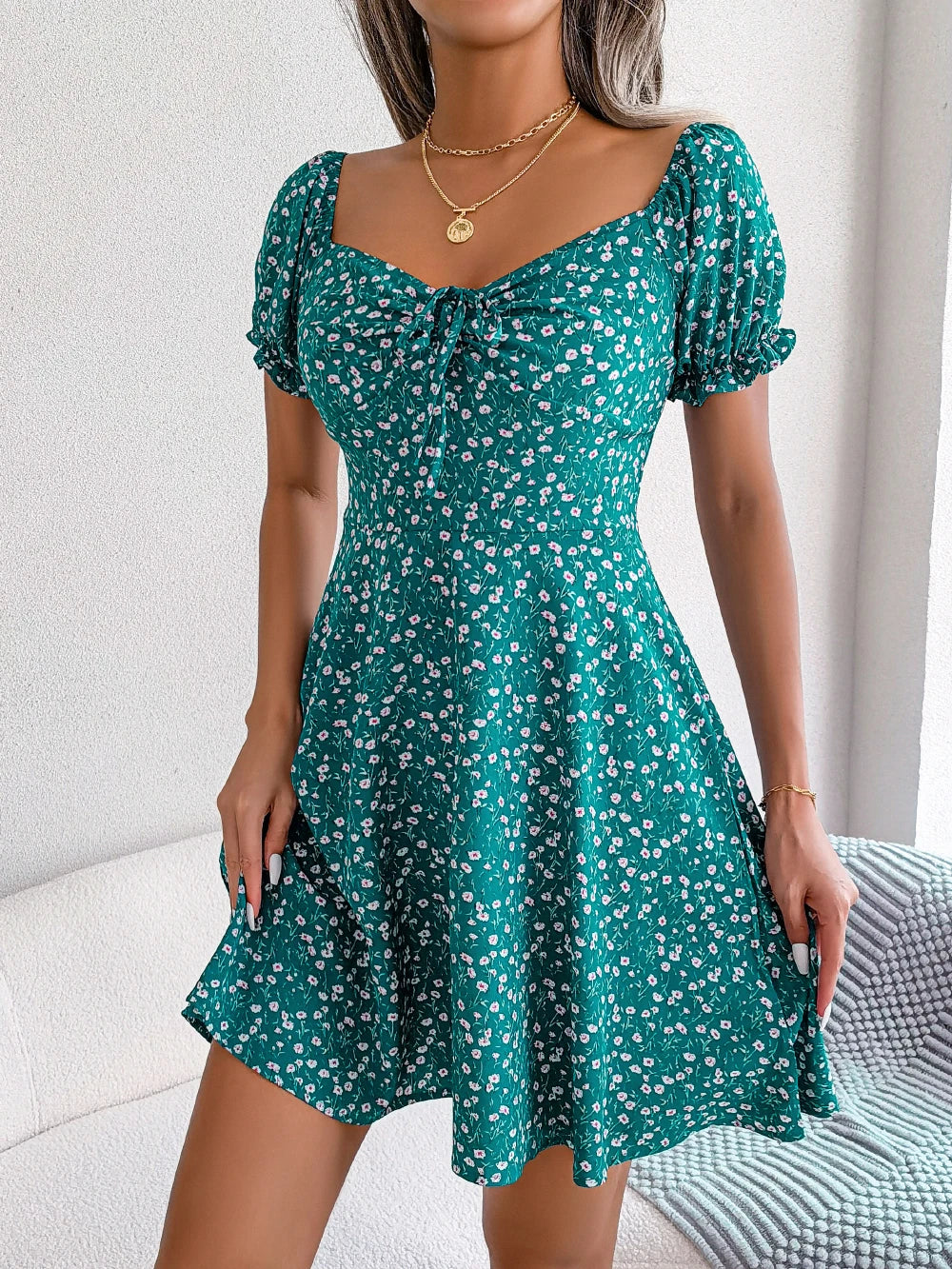 Green Casual Short Sleeve Floral Dress