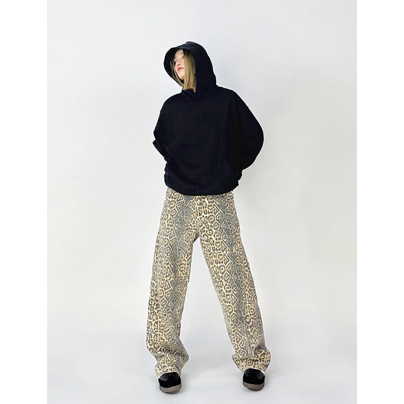 American Retro High Leopard Print Baggy Pants