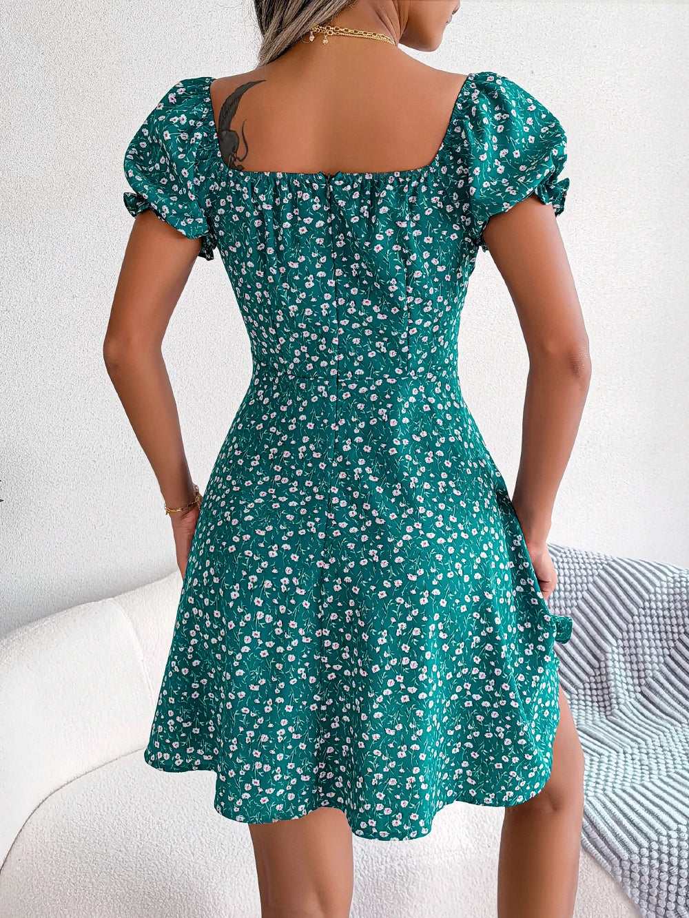 Green Casual Short Sleeve Floral Dress