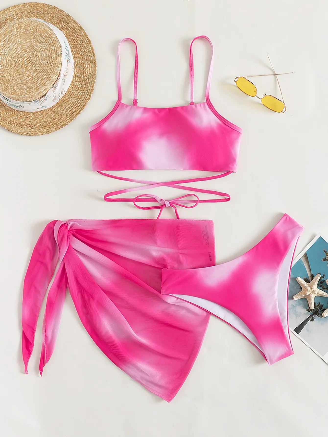 Ombre Lace Up 3-Piece Swimsuit