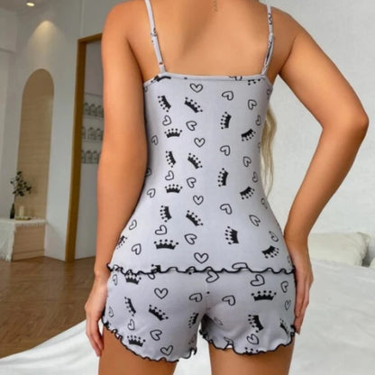 Hearts Deep V-Neck Top And Shorts Nightwear Set