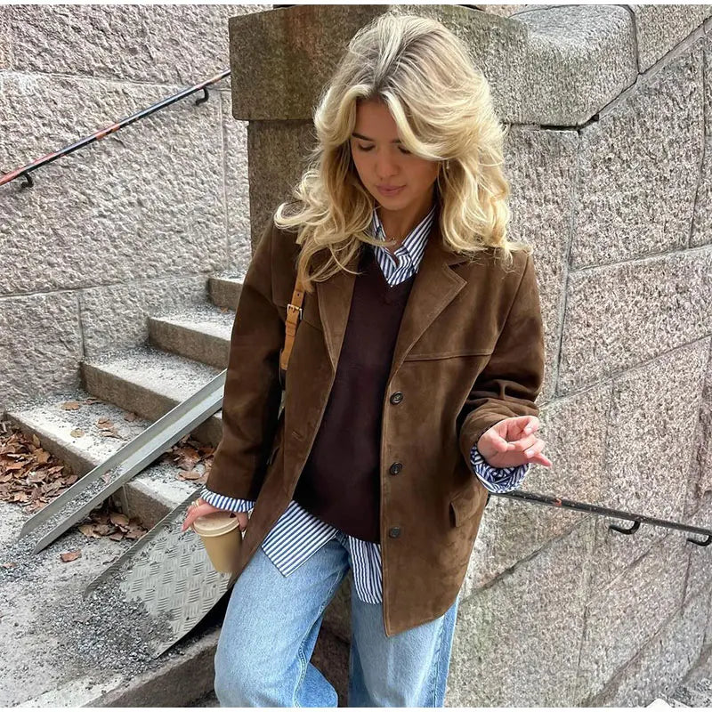 Vintage Brown Suede Leather Blazer Jacket
