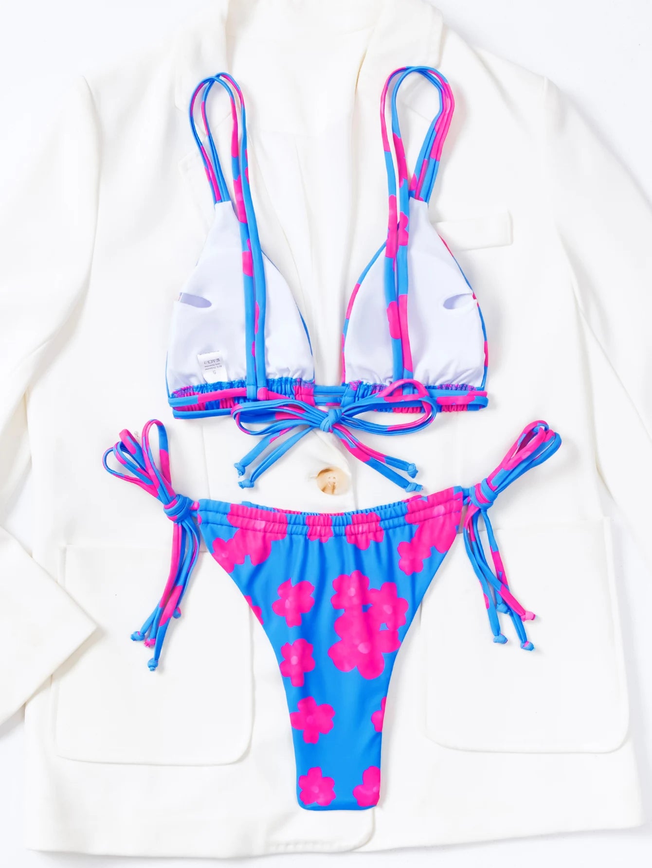 Blue Floral Triangle Top Side-Tie Bikini