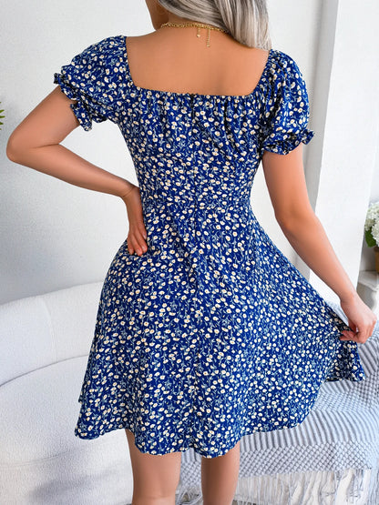 Blue Casual Short Sleeve Floral Dress