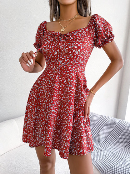 Red Casual Short Sleeve Floral Dress