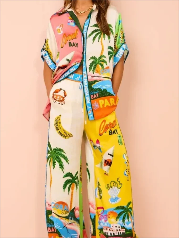 Casual Printed Coconut Trees 2 Piece Beach Outfit