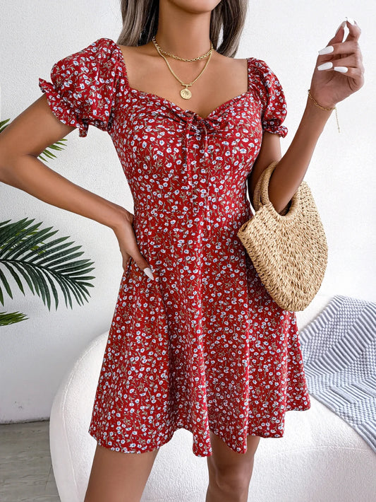 Red Casual Short Sleeve Floral Dress