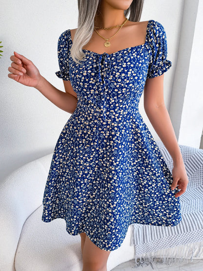 Blue Casual Short Sleeve Floral Dress