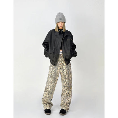 American Retro High Leopard Print Baggy Pants