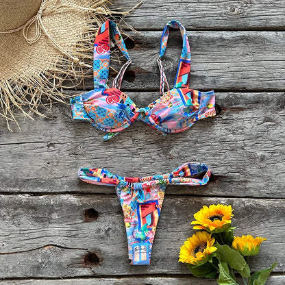 Floral Push-Up Top Thong Bikini