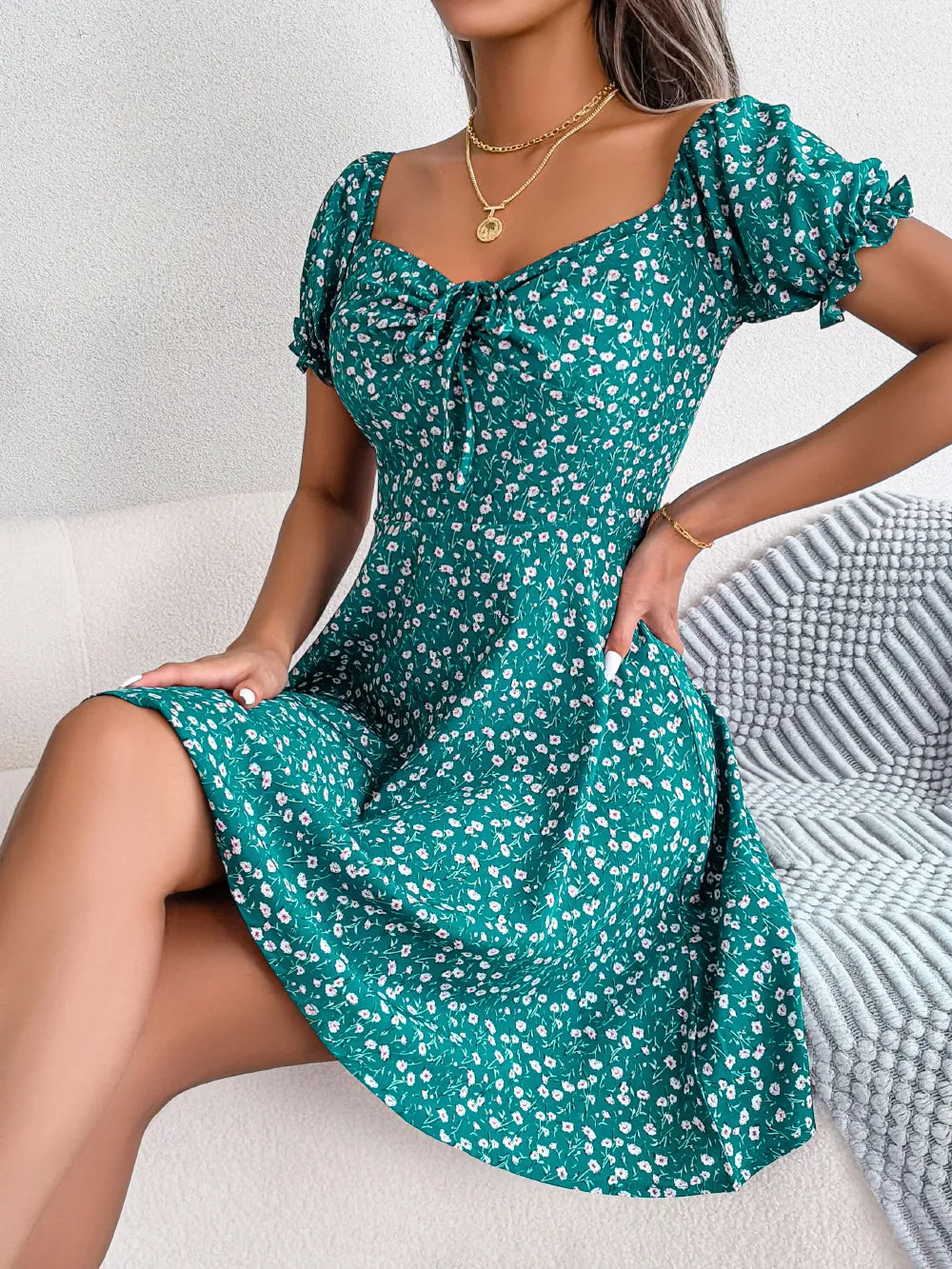 Green Casual Short Sleeve Floral Dress