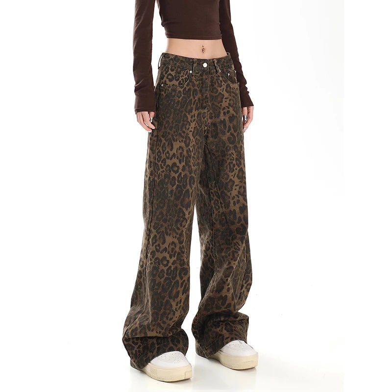 American Retro High Leopard Print Baggy Pants