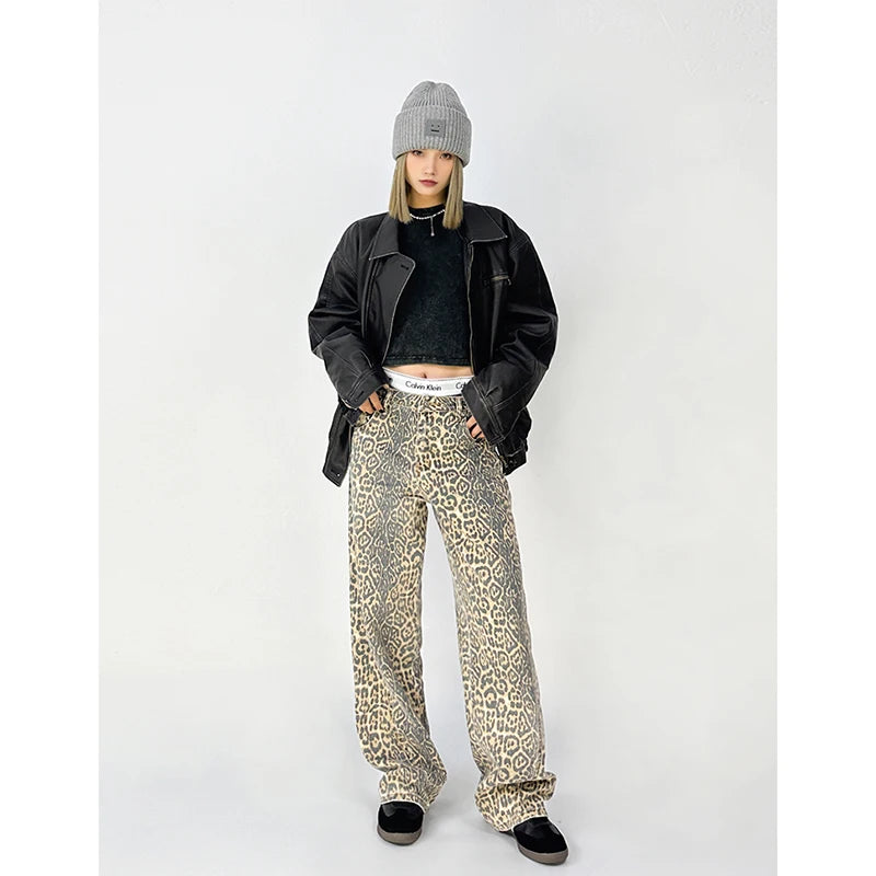 American Retro High Leopard Print Baggy Pants