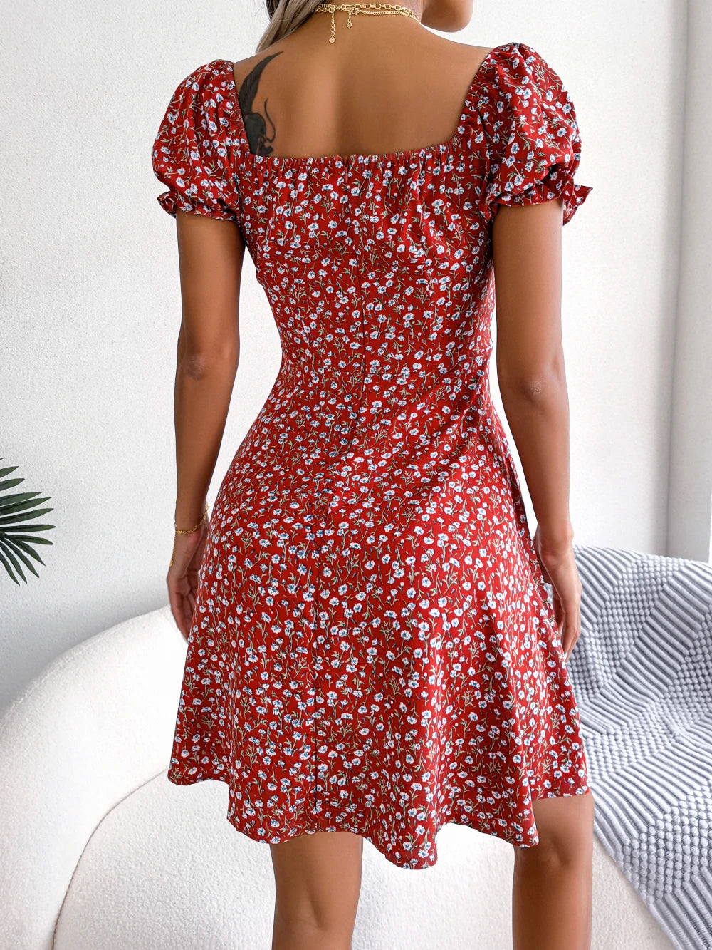 Red Casual Short Sleeve Floral Dress