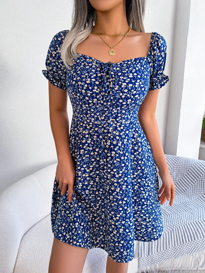 Blue Casual Short Sleeve Floral Dress