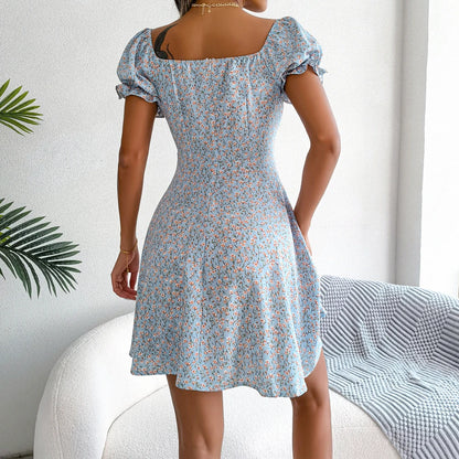 Sky Blue Casual Short Sleeve Floral Dress