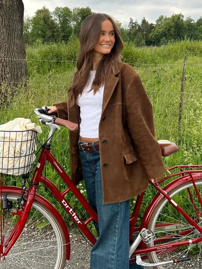 Vintage Brown Suede Leather Blazer Jacket