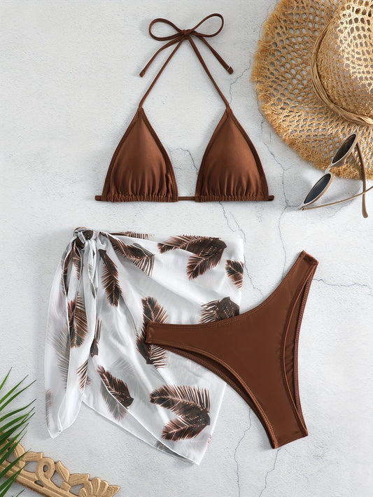 Feather Print 3-Piece Bikini Set