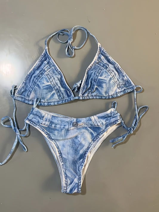 Faux Denim Print Triangle 2-Piece Bikini